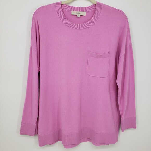 3/$25 LOFT Relaxed Fit Crew Neck Sweater L Chest Pocket Pullover Pink - Picture 1 of 6